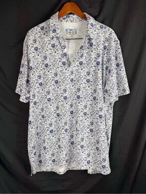 IBKUL Polo Shirt Mens XXL Blue Postage Stamps Print UPF 50+ Golf Cooling